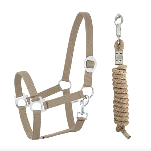 Halfter Führstrick Set mit Panikhaken verstellbar Pferdehalfter Pferd Holzpferd Anbindestrick (Panikhaken Khaki, Mini Shetty) von JA Horse