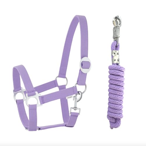Halfter Führstrick Set mit Panikhaken verstellbar Pferdehalfter Pferd Holzpferd Anbindestrick (Panikhaken Lavender, Pony) von JA Horse