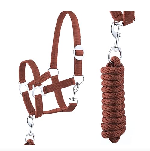 JA Horse Halfter Führstrick Set mit Karabinerhaken verstellbar Pferdehalfter Pferd Holzpferd Anbindestrick (Karabinerhaken Hellbraun, Shetty) von JA Horse