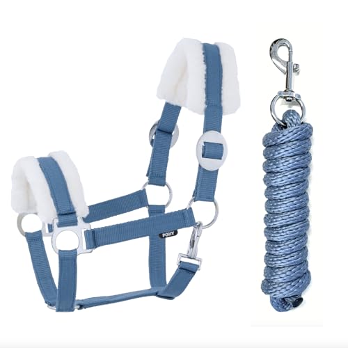 JA Horse Kunstfell Halfter Führstrick Set mit Karabinerhaken verstellbar Pferdehalfter Pferd Holzpferd Anbindestrick (Kunstfell Karabinerhaken Blau, Pony) von JA Horse