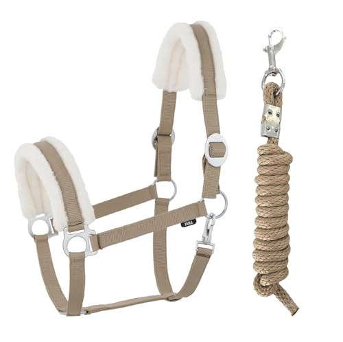 JA Horse Kunstfell Halfter Führstrick Set mit Karabinerhaken verstellbar Pferdehalfter Pferd Holzpferd Anbindestrick (Kunstfell Karabinerhaken Khaki, Full) von JA Horse