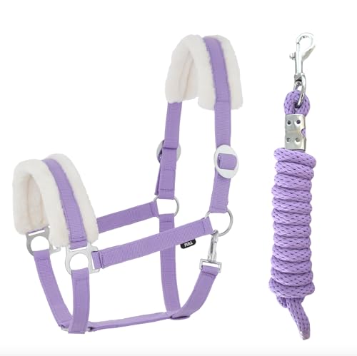 JA Horse Kunstfell Halfter Führstrick Set mit Karabinerhaken verstellbar Pferdehalfter Pferd Holzpferd Anbindestrick (Kunstfell Karabinerhaken Lavender, Pony) von JA Horse