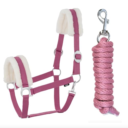JA Horse Kunstfell Halfter Führstrick Set mit Karabinerhaken verstellbar Pferdehalfter Pferd Holzpferd Anbindestrick (Kunstfell Karabinerhaken Pink, Cob) von JA Horse