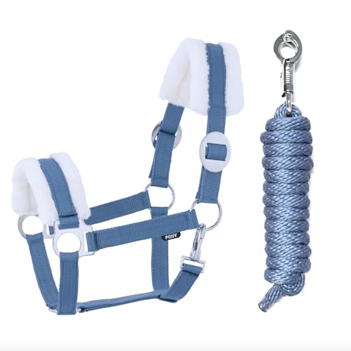 JA Horse Kunstfell Halfter Führstrick Set mit Panikhaken verstellbar Pferdehalfter Pferd Holzpferd Anbindestrick (Kunstfell Panikhaken Blau, Cob) von JA Horse