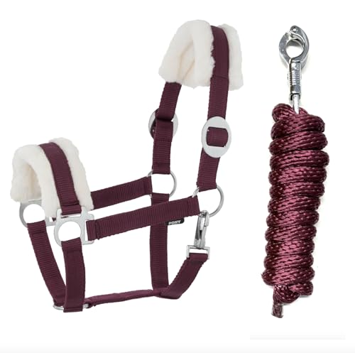 JA Horse Kunstfell Halfter Führstrick Set mit Panikhaken verstellbar Pferdehalfter Pferd Holzpferd Anbindestrick (Kunstfell Panikhaken Burgundy, Cob) von JA Horse