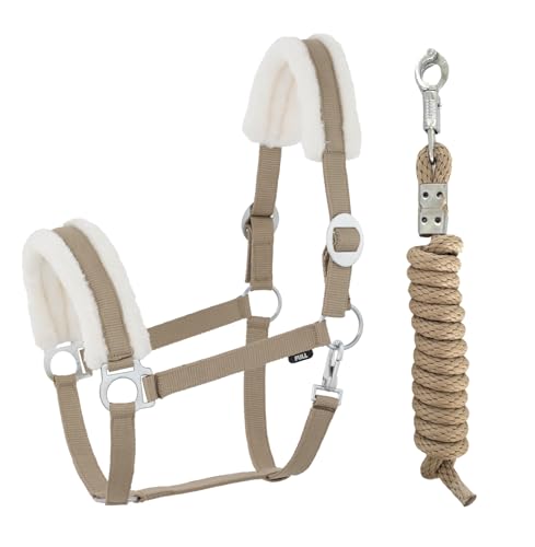 JA Horse Kunstfell Halfter Führstrick Set mit Panikhaken verstellbar Pferdehalfter Pferd Holzpferd Anbindestrick (Kunstfell Panikhaken Khaki, Pony) von JA Horse