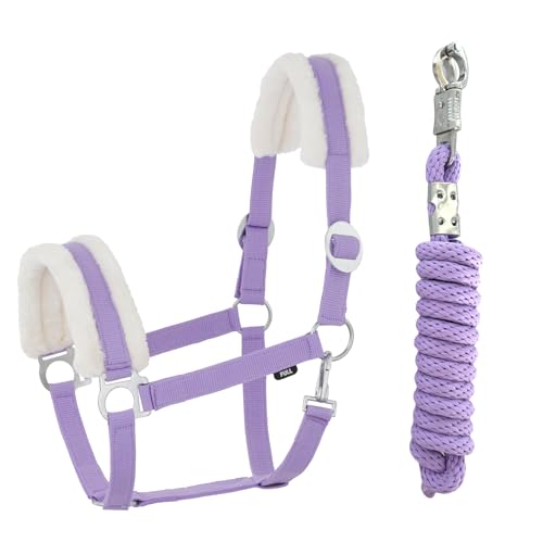 JA Horse Kunstfell Halfter Führstrick Set mit Panikhaken verstellbar Pferdehalfter Pferd Holzpferd Anbindestrick (Kunstfell Panikhaken Lavender, Cob) von JA Horse
