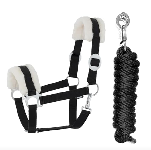 JA Horse Kunstfell Halfter Führstrick Set mit Panikhaken verstellbar Pferdehalfter Pferd Holzpferd Anbindestrick (Kunstfell Panikhaken Schwarz, Cob) von JA Horse