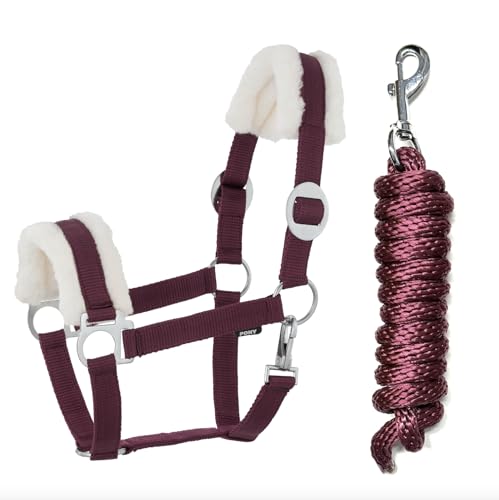 Kunstfell Halfter Führstrick Set mit Karabinerhaken verstellbar Pferdehalfter Pferd Holzpferd Anbindestrick (Kunstfell Karabinerhaken Burgundy, Pony) von JA Horse