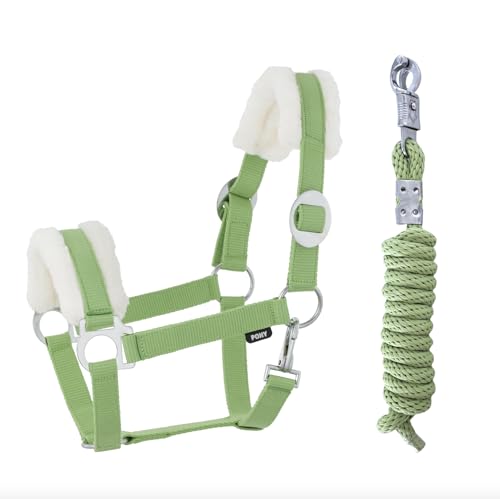Kunstfell Halfter Führstrick Set mit Panikhaken verstellbar Pferdehalfter Pferd Holzpferd Anbindestrick (Kunstfell Panikhaken Grün, Pony) von JA Horse