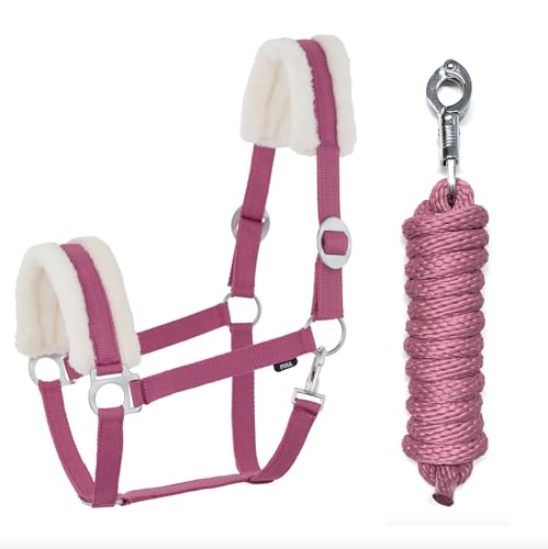 Kunstfell Halfter Führstrick Set mit Panikhaken verstellbar Pferdehalfter Pferd Holzpferd Anbindestrick (Kunstfell Panikhaken Pink, Cob) von JA Horse