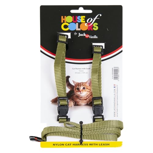 JACK AND VANILLA, Bequemes Katzengeschirr aus Nylon mit 120 cm Langer Leine, Sicherheitsschnallen, ergonomisches und ästhetisches Design, Größe 10 mm, grüne Farbe, Comfort-Modell von JACK AND VANILLA