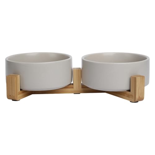 JACK AND VANILLA, Doppelter Keramiknapf mit Rutschfester Bambusauflage, Elegantes Design, ideal für Hunde und Katzen, Fassungsvermögen 2 x 400 ml, grau, Modell Bon Appetit von JACK AND VANILLA