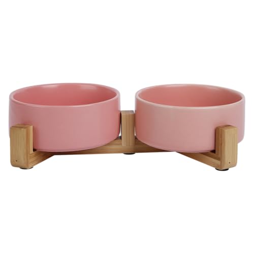 JACK AND VANILLA, Doppelter Keramiknapf mit Bambusstütze, Elegantes und rutschfestes Design, Fassungsvermögen 2 x 400 ml, rosa Farbe, ideal für Hunde und Katzen, Modell „Guten Appetit“. von JACK AND VANILLA