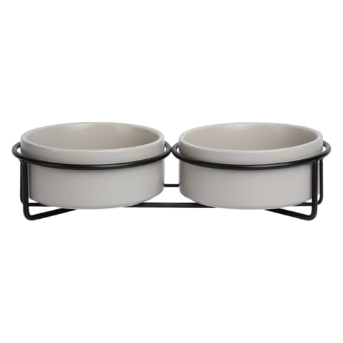 JACK AND VANILLA, Doppelnapf aus Keramik mit Rutschfester Metallhalterung, Fassungsvermögen 2 x 400 ml, Elegantes und modernes Design, ideal für Hunde und Katzen, grau, Modell Bon Appetit von JACK AND VANILLA