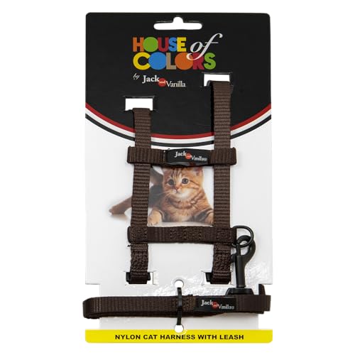 JACK AND VANILLA, Ergonomisches Katzengeschirr mit Leine, strapazierfähiges Nylon, Sicherheitssystem, verstellbar für optimalen Komfort, Größe 10 mm, braune Farbe, Nylonmodell von JACK AND VANILLA