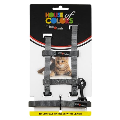 JACK AND VANILLA, Ergonomisches Katzengeschirr mit 120 cm Langer Leine aus widerstandsfähigem Nylon, Komfort und Sicherheit, modernes Design, grau, Größe 10 mm, Nylonmodell von JACK AND VANILLA