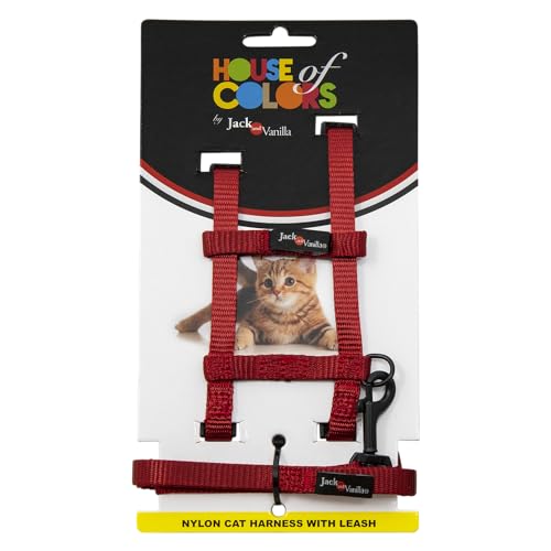 JACK AND VANILLA, Ergonomisches Katzengeschirr mit roter Leine, verstellbar, strapazierfähiges Nylon, optimaler Komfort, Sicherheit beim Spaziergang, Größe 10 mm, rote Farbe, Nylonmodell von JACK AND VANILLA