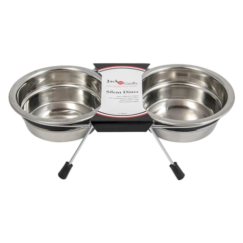 JACK AND VANILLA Leises Futternapf-Set aus Edelstahl, Elegantes Design, leicht zu reinigen, 2 x 380 ml Fassungsvermögen, ideal für kleine und mittelgroße Haustiere, Modell „Bon Appetit“ in Silber von JACK AND VANILLA