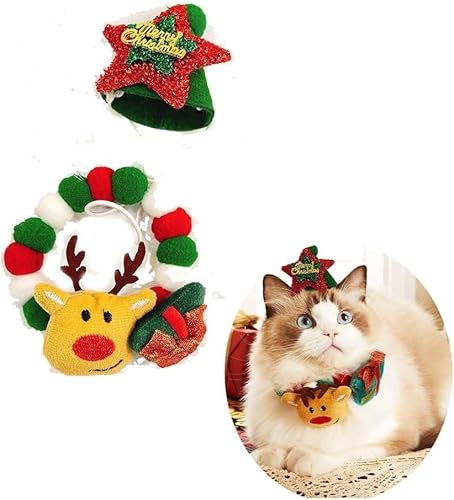 2 Stück Weihnachts-Elch-Kostüm für Haustiere - Verstellbares Halsband mit Plüsch-Hut & Pom-Poms in Rot/Grün für Katzen und Hunde (2, m) von JACKANNA