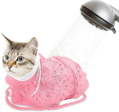 Atmungsaktive Katzen-Badetasche aus Mesh – Anti-Kratzer & Biss, Ideal für Nägelschneiden, Baden & Medikamentengabe (Rosa) von JACKANNA