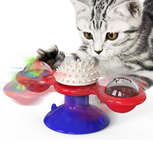 JACKANNA Windmühle drehendes Katzenspielzeug Karussell für Katzen interaktives Spielzeug Kratzgummis Katzenbürste Haustierbedarf (Blauer See) von JACKANNA