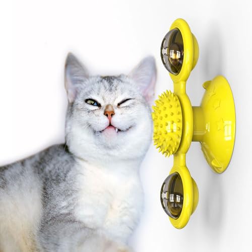JACKANNA Windmühle drehendes Katzenspielzeug Karussell für Katzen interaktives Spielzeug Kratzgummis Katzenbürste Haustierbedarf (Gelb) von JACKANNA