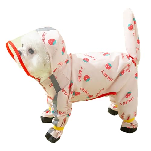 Jackanna All-Inclusive Welpe Hund Regen Vier Füße wasserdicht Teddy Bichon Haustier Kleiner Hund schmutzig Regen Kleidung mit Füßen Regen Mantel (Rosa Erdbeer-Regenmantel, L) von JACKANNA