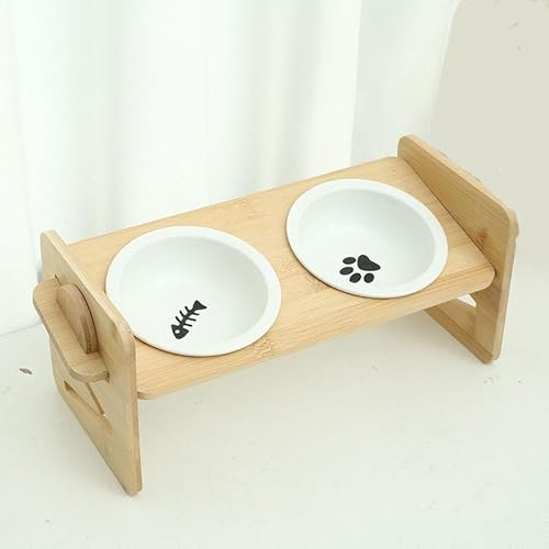 Jackanna Bamboo Wooden Cat Bowl HolderDouble Ceramic Cat Bowl FeederWooden Cat Food BowlRemovable and WashableSlanted MouthAnti-Tip Pet Bowl HolderProtects Pet's Spine (Doppelter Schalenständer) von JACKANNA