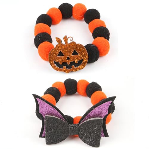 Jackanna Halloween Haustier Halsband Kürbis Dekoration Hundehalsband dehnbar Seil Fell Ball Halsband Katze (Lila Schleife) von JACKANNA