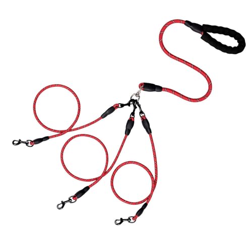 Jackanna Haustierbedarf reflektierende Nylon Hundeleine EIN Schlepptau Zwei DREI Hundeleine Anti-Tangling Multi abnehmbare Hundeleine (Rot Eins Abschleppen DREI) von JACKANNA