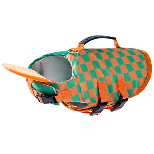 Jackanna Hundeschwimmweste Hundeschwimmweste schwimmend - Verstellbare Hundeschwimmweste mit Hals schwimmend Haustier Badebekleidung (Grün und orange kariert, 2XL) von JACKANNA