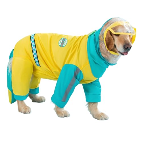 Jackanna Pet Dogs Medium and Large Dogs Universal Four-Legged All-Inclusive Waterproof Leisure Suit Pet Dog Rain Poncho (Gelbes und grünes Colourblocking, 4XL) von JACKANNA