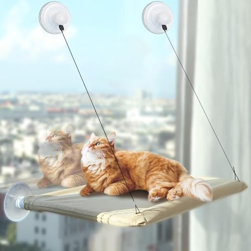 Katzen Fensterliege,Katzen Zubehör Fenster-Katzenhängematte bis 25kg (55x35 cm) –Katzenbalkon Verstärkte Fensterliege mit Starken Saugnäpfen(Khaki) von JACKANNA