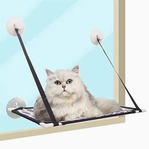 Katzen Fensterliege Katzen Zubehör Doppelschichtige Katzenhängematte für Fensterbank - Bis 25kg, mit Starken Saugnäpfen - Fensterschutz Katze Sicher (Einlagiges Elritzenmotiv) von JACKANNA