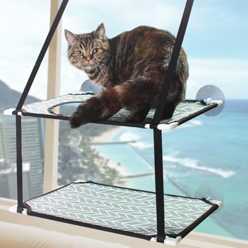 Katzen Fensterliege Katzen Zubehör Doppelschichtige Katzenhängematte für Fensterbank - Bis 25kg, mit Starken Saugnäpfen - Fensterschutz Katze Sicher (Zweilagiges Elritzenmotiv) von JACKANNA