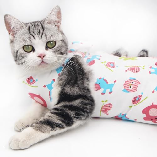 Katzen-OP-Body nach Kastration - Atmungsaktiver Anti-Leck-Schutz für Wundheilung (Alternative zu Halskragen, Tierklinik-geeignet, waschbar) (L, bunter Elefant) von JACKANNA