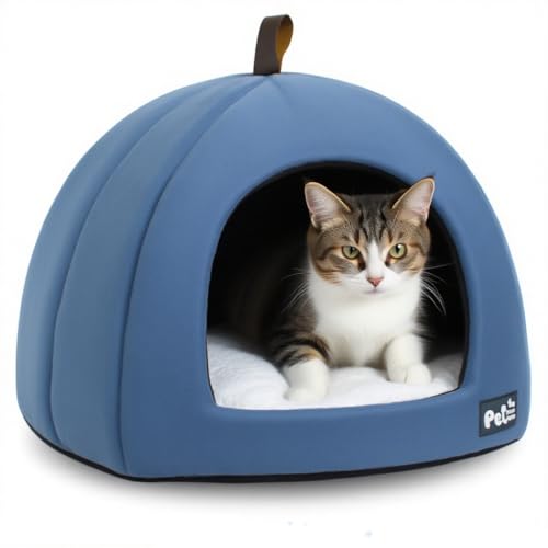 Weiche Katzenhöhle mit waschbarem Kissen - Faltbares Winter-Katzenbett für kleine/mittlere Katzen - Flauschiger Schlafsack Indoor (Blau, s) von JACKANNA