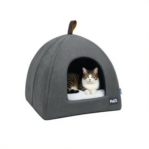 Weiche Katzenhöhle mit waschbarem Kissen - Faltbares Winter-Katzenbett für kleine/mittlere Katzen - Flauschiger Schlafsack Indoor (Grau, s) von JACKANNA