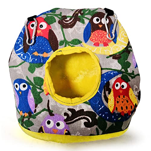 Winter-Plüschvogelnest mit Hängematte – Graugrünes Vogelhaus für Käfige, Warmes Schlafnest für Papageien & Kleintiere, Weich & Atmungsaktiv (Grauer Hintergrund mit Eulenmuster, 1 Stück) von JACKANNA