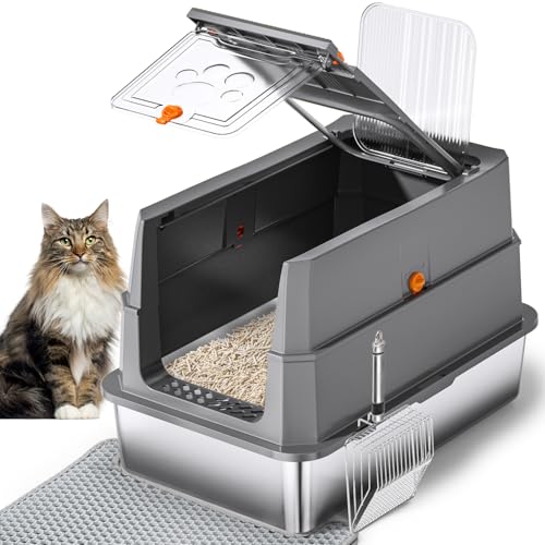 Edelstahl Katzenklo mit Deckel, 155° Klappdeckel XXL Katzentoilette, Geschlossene Metall-Klobox inkl. Matte & Schaufel, Hohe Wände, Auslaufsicher, Front- & Deckel-Einstieg (60x40x39cm) von JAKY-Global