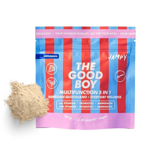 JAMPY 5-in-1 Multivitamin Komplex für Hunde – Pulver 250g – Glucosamin, Biotin, Tryptophan, Probiotika, Vitamine – Unterstützt Gelenke, Fell, Verdauung & Stress. Plastikfreie Verpackung von JAMPY