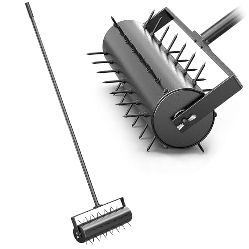 JAOGAUS Aerifizierer für Rasen, Walzentyp Rasenbelüfter, Hand Rasenlüfter mit Stiel & 5cm Nägeln & Spritzschutz, Rasenrolle Handvertikutierer für Höfe und Rasenflächen im Garten- Garten Handwerkzeuge von JAOGAUS