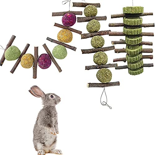 JAWSEU 3 Stück Kaninchen Kauspielzeug, Apfelholzstäbchen natürlich essbar Graskuchen Haustier Snacks, Schleifspielzeug für kleine Tiere Kaninchen Chinchilla Meerschweinchen von JAWSEU
