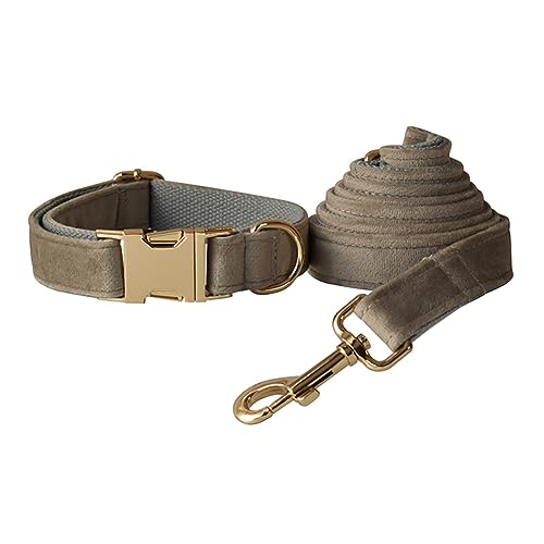 JAY D.L Hundehalsband und Leine, weiches und bequemes Samt-Hundehalsband mit robuster Metallschnalle und passender Leine, verstellbar für kleine, mittelgroße und große Hunde (groß, Grau) von JAY D.L