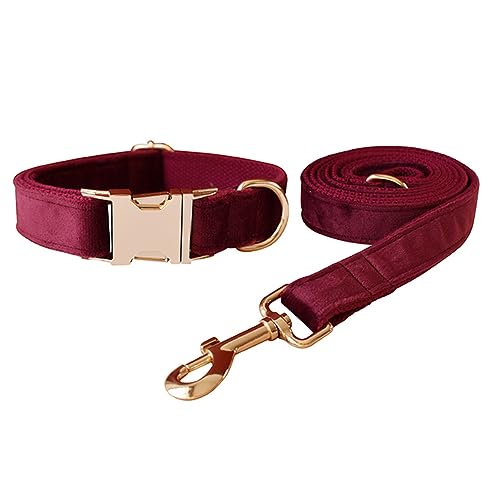 JAY D.L Hundehalsband und Leine, weiches und bequemes Samt-Hundehalsband mit robuster Metallschnalle und passender Leine, verstellbar für kleine, mittelgroße und große Hunde (groß, Weinrot) von JAY D.L