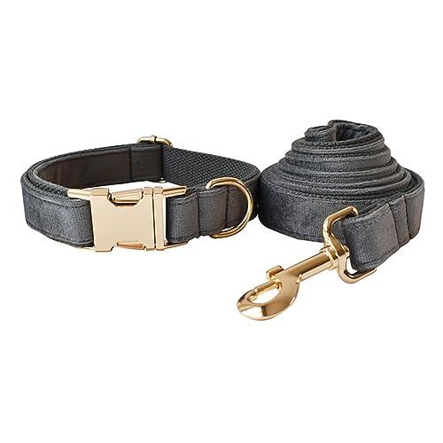 JAY D.L Hundehalsband und Leine, weiches und bequemes Samt-Hundehalsband mit robuster Metallschnalle und passender Leine, verstellbar für kleine, mittelgroße und große Hunde (klein, dunkelgrau) von JAY D.L
