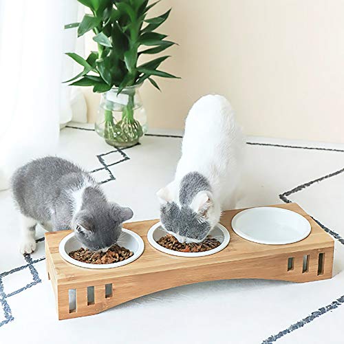 Katzennapf-Set Anti-Rutsch-Katzennapf-Keramik-Set mit Bambusständer Katzennapf Hundenapf Futterstation Bambusstent DREI Schüssel für Katzen und Hunde von JAYEUW