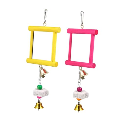 JAYIOLA 2 Stück Spielzeug mit Hühnerspiegel Und Glocke, Schnabelschleifsteine für Vögel, Käfigzubehör, Rot Gelb von JAYIOLA