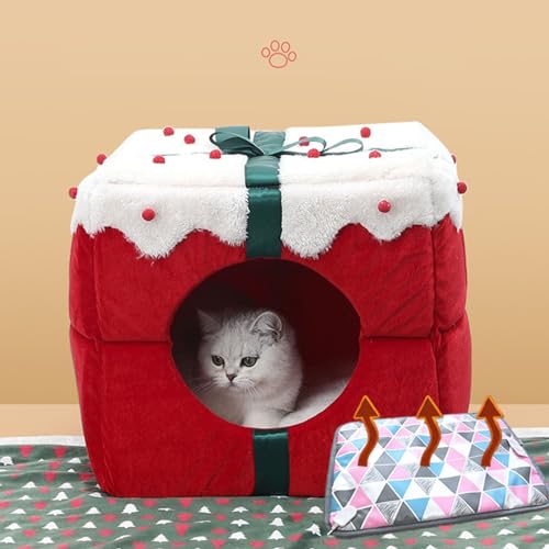 Beheiztes Katzenhaus Weihnachtsgeschenkbox, Beheiztes Katzenhaus, Halbgeschlossene Thermo Katzenhöhle mit Abnehmbarer, Elektrisch Beheizter Unterlage, Weiche, Warme 2-in-1-Haustierwohnung/Bett von JAYWIS